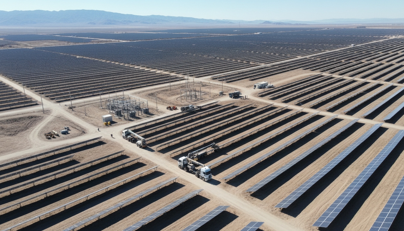 Utility-scale solar farm using high-wattage PV modules with long array rows site roads substations and large-scale project layout